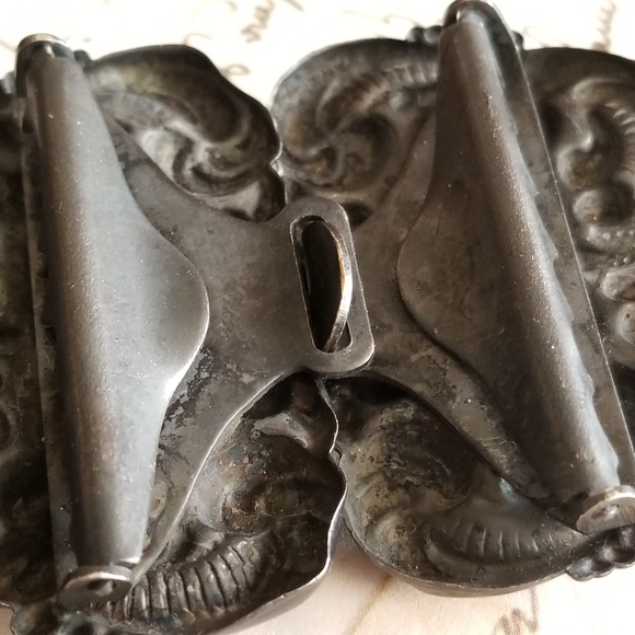 Antique Victorian sash belt buckle purple glass cabochons black metal main image 6